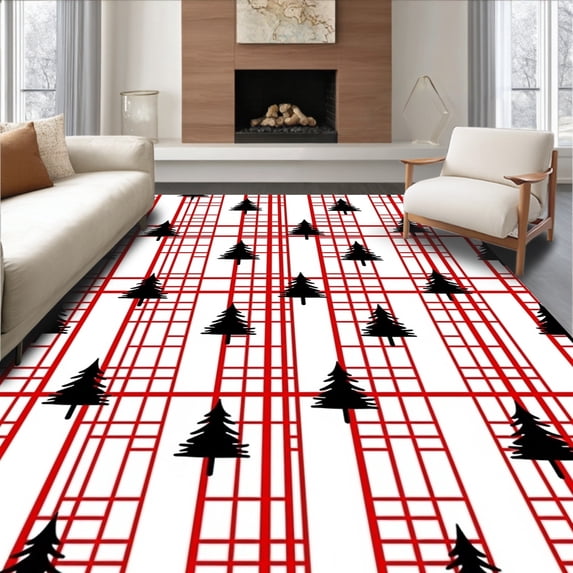 ODIKA 6'x9' Machine Washable Non-Slip Area Rug, Buffalo Check Christmas Tree Anti Fatigue Farmhouse Style High Traffic Rug, Red, 651778