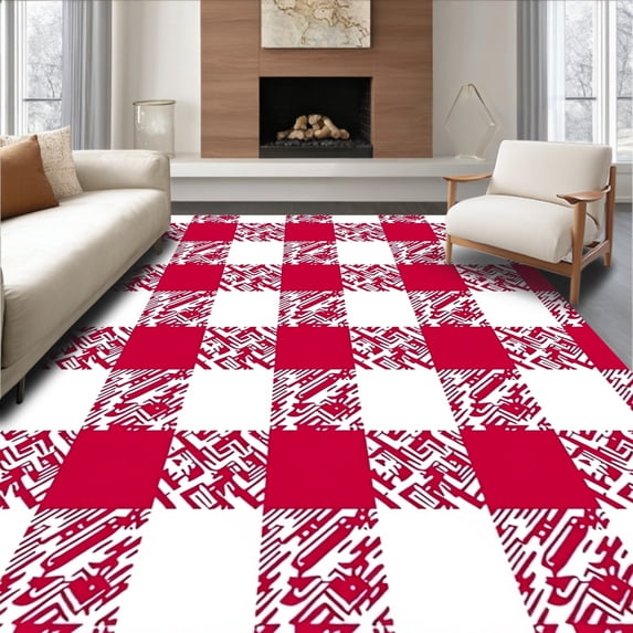 ODIKA 6'x9' Machine Washable Non-Slip Area Rug, Buffalo Plaid Accent Welcome Holiday Checkered Design High Traffic Rug, Red, 508407