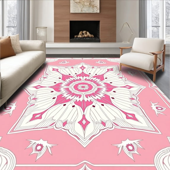 ODIKA 6'x9' Machine Washable Non-Slip Area Rug, Burst Hallway with Symmetrical Petal Design High Traffic Rug with Pad, Pink, 483080