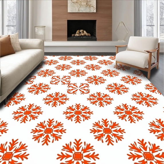 ODIKA 6'x9' Machine Washable Non-Slip Area Rug, Cable Braided Nordic Snowflake with Vintage Motifs High Traffic Rug, Orange, 636884