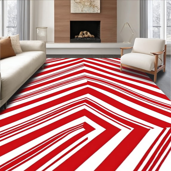 ODIKA 6'x9' Machine Washable Non-Slip Area Rug, Cane Stripe Holiday Bath Diagonal Festive High Traffic Rug with Pad, Red, 733243