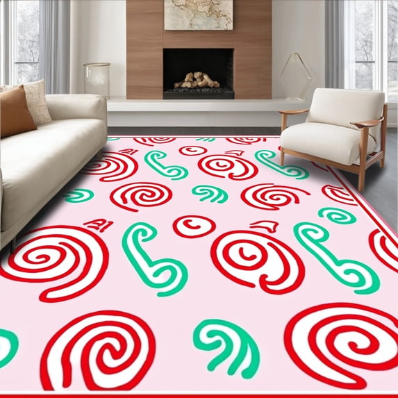 ODIKA 6'x9' Machine Washable Non-Slip Area Rug, Cane Stripe Swirl Design Sweet Holiday Themed Cheerful High Traffic Rug with Pad, Pink, 731577