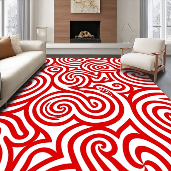 ODIKA 6'x9' Machine Washable Non-Slip Area Rug, Cane Stripe Swirl Peppermint Twist Seasonal High Traffic Rug, Red, 608441
