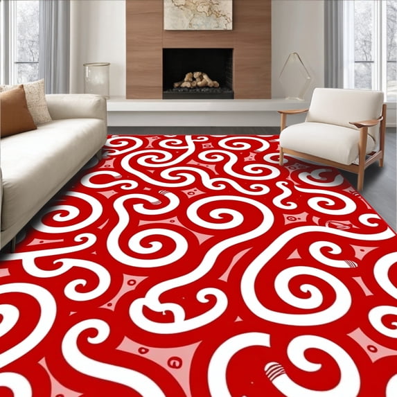 ODIKA 6'x9' Machine Washable Non-Slip Area Rug, Cane Swirl Bathroom with Peppermint Stripe Design High Traffic Rug, Red, 608098
