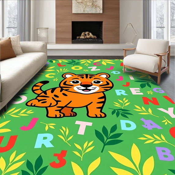 ODIKA 6'x9' Machine Washable Non-Slip Area Rug, Cartoon Jungle Abc Adventure Featuring Cheerful Tiger and Letter High Traffic Rug, Green, 690720