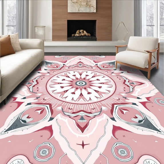 ODIKA 6'x9' Machine Washable Non-Slip Area Rug, Celestial Starburst Tree Skirt with Ethereal Galaxy Designs High Traffic Rug with Pad, Pink, 653528