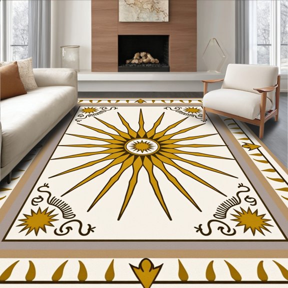 ODIKA 6x9 Machine Washable Non-Slip Area Rug, Celestial Sunburst Medallion Design with Radiating Motifs High Traffic Rug, Beige, 590495