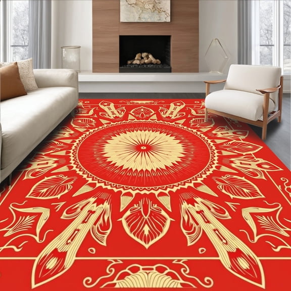 ODIKA 6'x9' Machine Washable Non-Slip Area Rug, Celestial Sunray Vintage Tapestry Eclectic Festival Artwork High Traffic Rug with Pad, Red, 421271