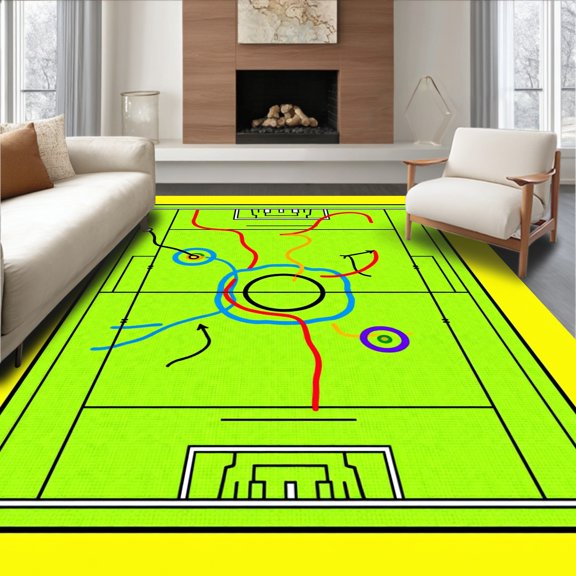 ODIKA 6x9 Machine Washable Non-Slip Area Rug, Championship Game Turf Action Scene With Player Movement Paths High Traffic Rug, Green, 675675