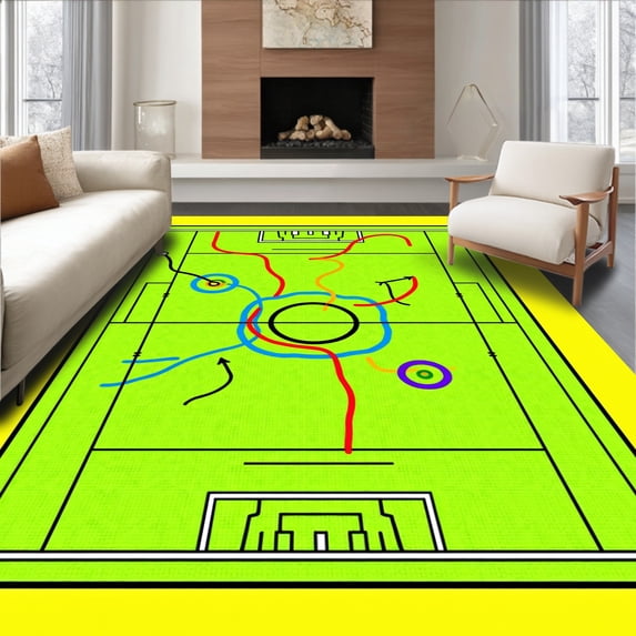 ODIKA 6'x9' Machine Washable Non-Slip Area Rug, Championship Game Turf Action Scene With Player Movement Paths High Traffic Rug with Pad, Green, 675675