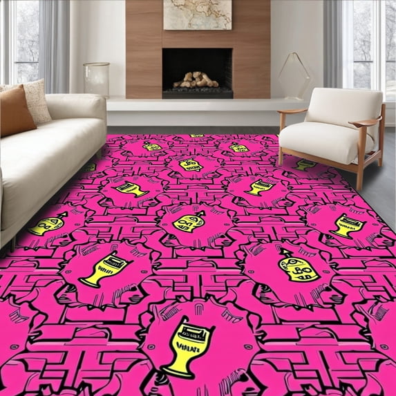 ODIKA 6'x9' Machine Washable Non-Slip Area Rug, Championship Heritage Trophy Keepsake Memento Showcase High Traffic Rug, Pink, 673252