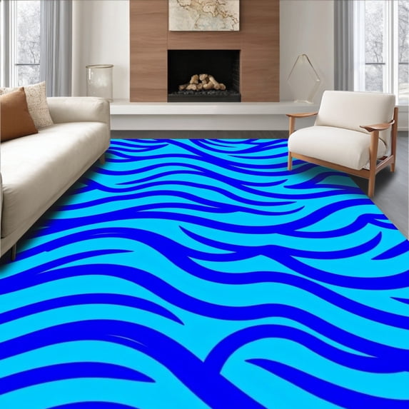 ODIKA 6'x9' Machine Washable Non-Slip Area Rug, Charming Cartoon Ripple Design Featuring Whimsical Waveforms High Traffic Rug, Blue, 725334