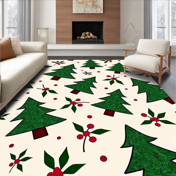 ODIKA 6'x9' Machine Washable Non-Slip Area Rug, Charming Christmas Tree Patchwork with Holly Berry Accents High Traffic Rug, Beige, 509136