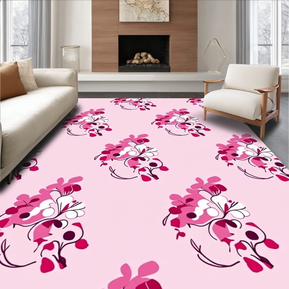 ODIKA 6'x9' Machine Washable Non-Slip Area Rug, Charming Floral Blossom Toilet Accessory Contour High Traffic Rug with Pad, Pink, 720615