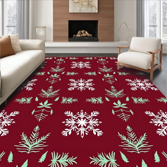 ODIKA 6'x9' Machine Washable Non-Slip Area Rug, Charming Yuletide Flurry Decorative Arrangement Hearth High Traffic Rug, Red, 629515