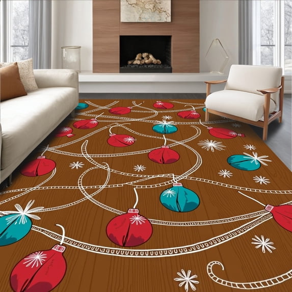 ODIKA 6'x9' Machine Washable Non-Slip Area Rug, Charming Yuletide Ornament with Delicate Falling Snow High Traffic Rug with Pad, Brown, 655829