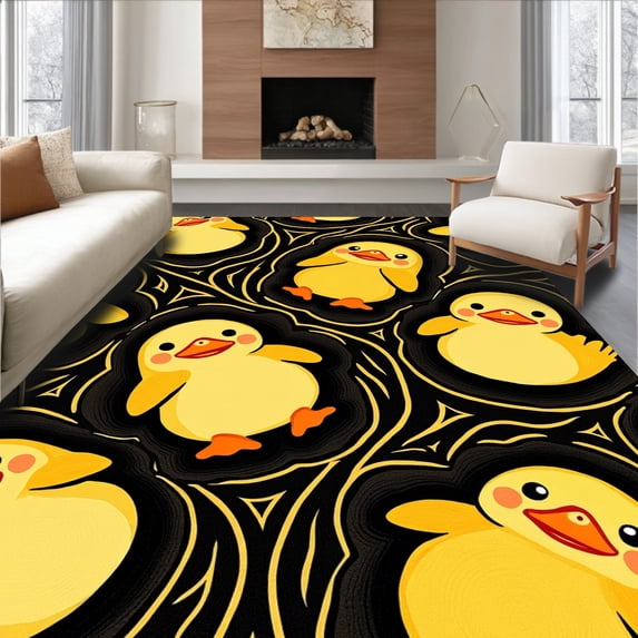 ODIKA 6'x9' Machine Washable Non-Slip Area Rug, Cheerful Farm Watercolor Sketch Motif High Traffic Rug with Pad, Yellow, 722065