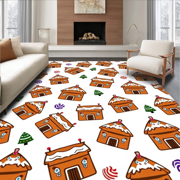 ODIKA 6'x9' Machine Washable Non-Slip Area Rug, Cheerful Gingerbread House Village Hook Kit Embroidered Art High Traffic Rug, Brown, 647906