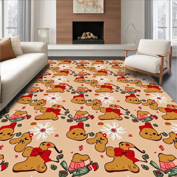ODIKA 6'x9' Machine Washable Non-Slip Area Rug, Cheerful Medley with Ribbon Bows and Snowflake Details High Traffic Rug, Beige, 632543
