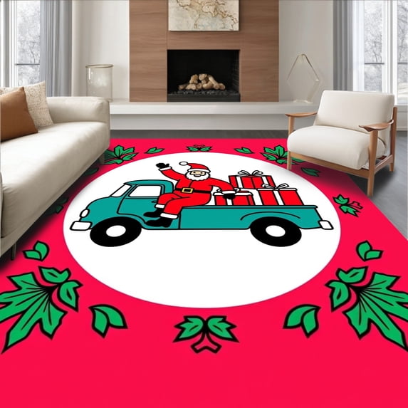 ODIKA 6x9 Machine Washable Non-Slip Area Rug, Cheerful Santa Claus Parade With Gift Laden Vehicle Surrounded By Winter Florals High Traffic Rug, Red, 645651