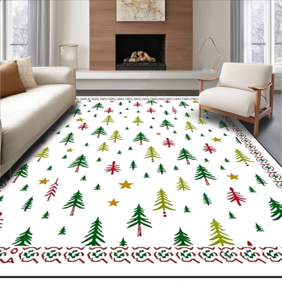 ODIKA 6'x9' Machine Washable Non-Slip Area Rug, Cheerful Whimsical Tree Forest with Cane Stripes Nordic Style High Traffic Rug with Pad, Green, 626586