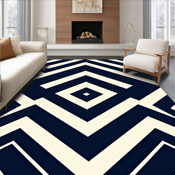 ODIKA 6'x9' Machine Washable Non-Slip Area Rug, Chevron Striped Contemporary Floor High Traffic Rug with Pad, Blue, 462151