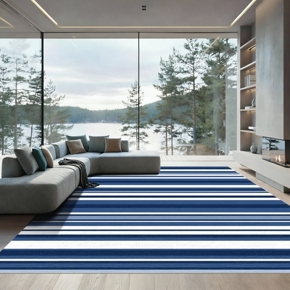 ODIKA 6'x9' Machine Washable Non-Slip Area Rug, Chic Striped Motif with Nautical Flair High Traffic Rug, Navy, 894474