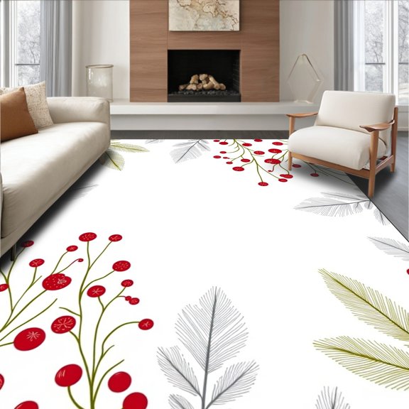 ODIKA 6x9 Machine Washable Non-Slip Area Rug, Christmas Botanical Welcome with Conifer Sprigs High Traffic Rug, Red, 622027