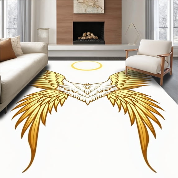 ODIKA 6'x9' Machine Washable Non-Slip Area Rug, Christmas Crochet Kit Wings Canvas Hook Needlecraft High Traffic Rug, Gold, 650495