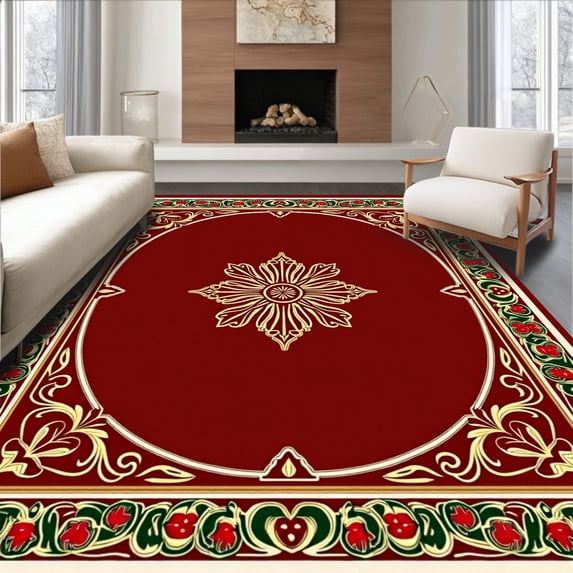 ODIKA 6'x9' Machine Washable Non-Slip Area Rug, Classic Baroque Vinework Adorned with Festive Berry Motifs High Traffic Rug, Red, 611121