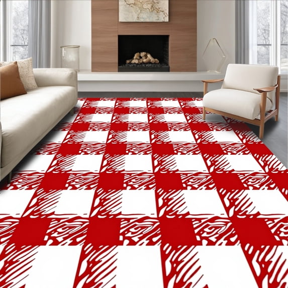 ODIKA 6'x9' Machine Washable Non-Slip Area Rug, Classic Buffalo Check with Bold Festive Stripes High Traffic Rug, Red, 618387