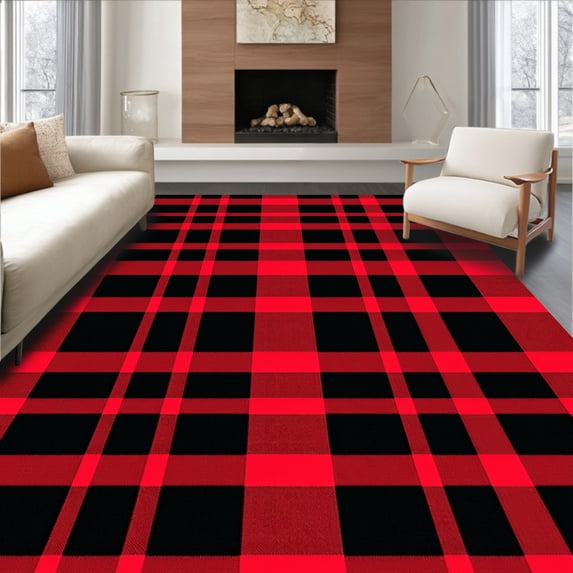 ODIKA 6'x9' Machine Washable Non-Slip Area Rug, Classic Checkerboard Plaid Featuring Bold Contrast Stripes High Traffic Rug, Red, 622498