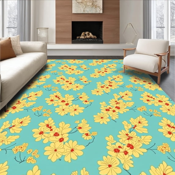 ODIKA 6'x9' Machine Washable Non-Slip Area Rug, Classic Cottage Bouquet with Nostalgic Flower Clusters High Traffic Rug, Blue, 537320