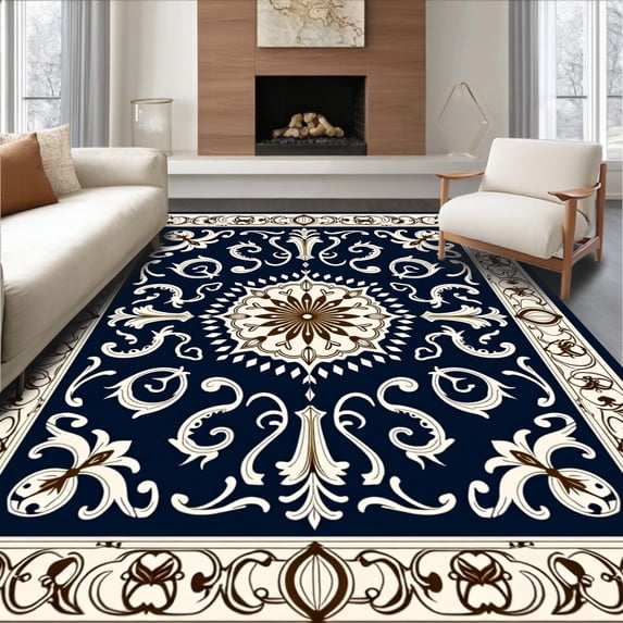 ODIKA 6'x9' Machine Washable Non-Slip Area Rug, Classic Damask Design with Elegant Scrollwork and Refined Curvilinear Details High Traffic Rug, Blue, 448721