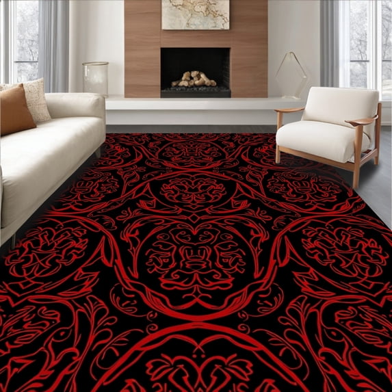 ODIKA 6'x9' Machine Washable Non-Slip Area Rug, Classic Damask Trellis with Subtle Ornamental Twists High Traffic Rug with Pad, Black, 660751