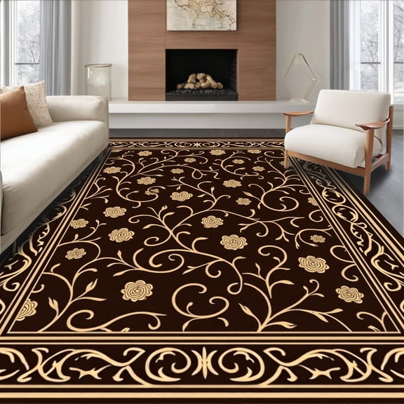 ODIKA 6x9 Machine Washable Non-Slip Area Rug, Classic Floral Vine Scroll Botanical Embellished Decoration High Traffic Rug, Brown, 526991