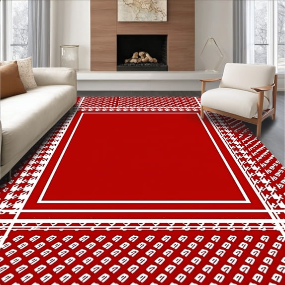 ODIKA 6'x9' Machine Washable Non-Slip Area Rug, Classic Interlocking Houndstooth with Spruce Sprig Embellishments High Traffic Rug with Pad, Red, 504062