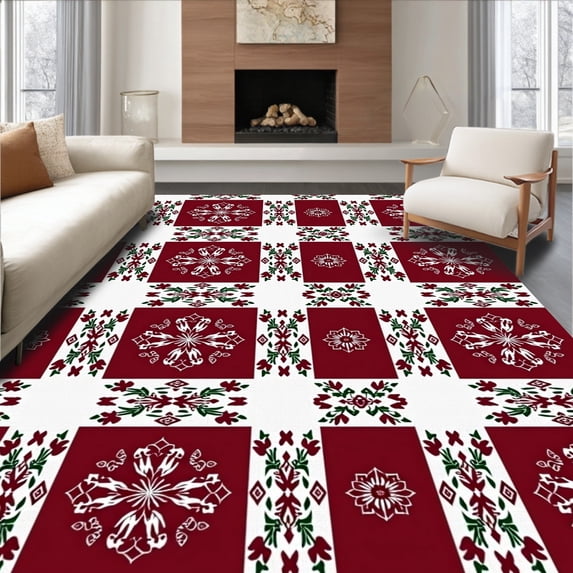 ODIKA 6'x9' Machine Washable Non-Slip Area Rug, Classic Plaid Holiday Check with Festive Accents High Traffic Rug, Maroon, 612142