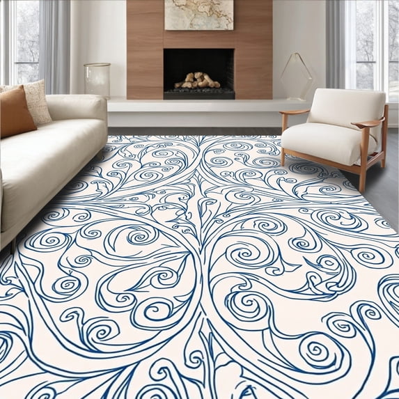 ODIKA 6'x9' Machine Washable Non-Slip Area Rug, Classic Scrollwork Cream Tapestry Design High Traffic Rug with Pad, Blue, 334613