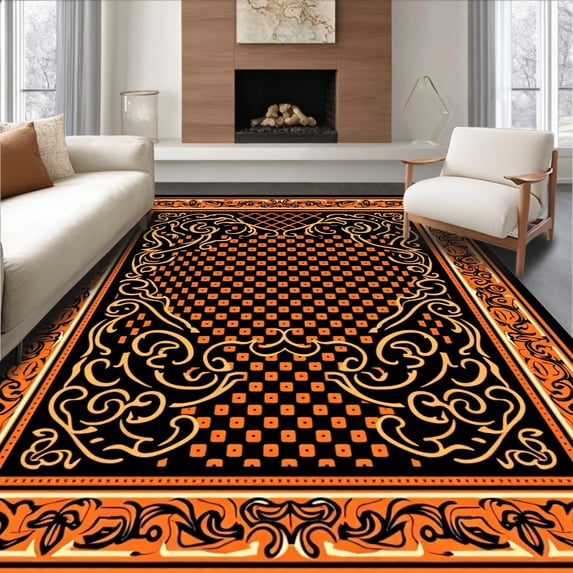 ODIKA 6'x9' Machine Washable Non-Slip Area Rug, Classic Spotted with Interlocking Baroque Scrollwork High Traffic Rug with Pad, Black, 614063