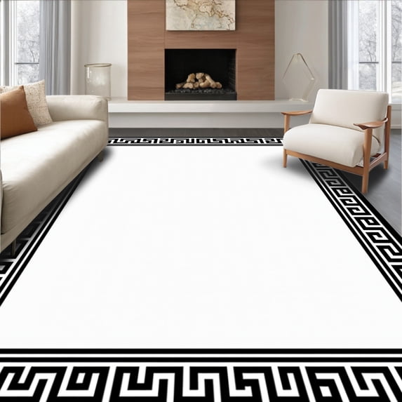 ODIKA 6'x9' Machine Washable Non-Slip Area Rug, Classical Greek Key with Sophisticated Trim High Traffic Rug with Pad, Black, 577442