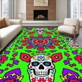 thumbnail image 1 of ODIKA 6'x9' Machine Washable Non-Slip Area Rug, Colorful Day of Dead Sugar Skull Art with Vibrant Floral Decorations High Traffic Rug, Green, 577995, 1 of 7