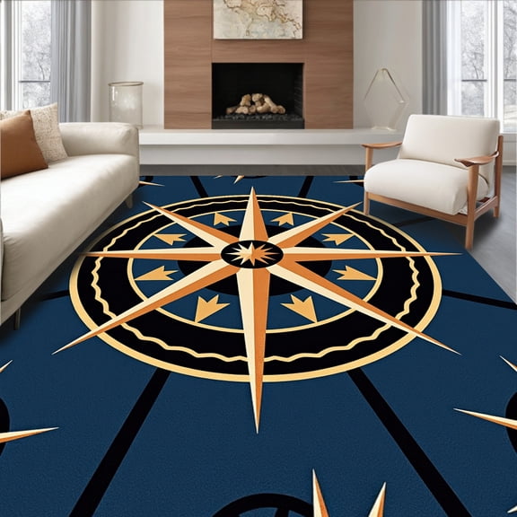ODIKA 6x9 Machine Washable Non-Slip Area Rug, Compass Rose Navigation Decorative Floor High Traffic Rug, Blue, 655555