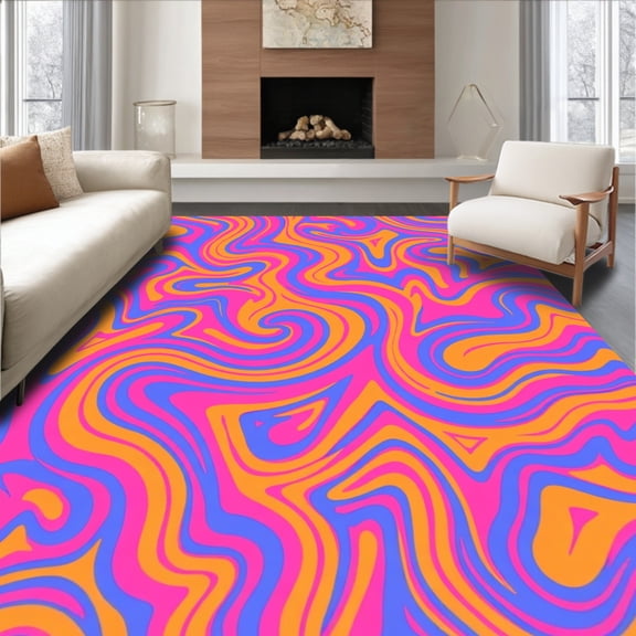 ODIKA 6'x9' Machine Washable Non-Slip Area Rug, Contemporary Abstract Wave with Fluid Color Transitions High Traffic Rug, Pink, 361236