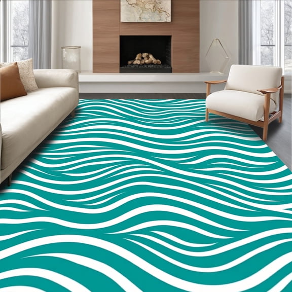 ODIKA 6'x9' Machine Washable Non-Slip Area Rug, Wave Ripple Shag High Traffic Rug, Blue, 345114