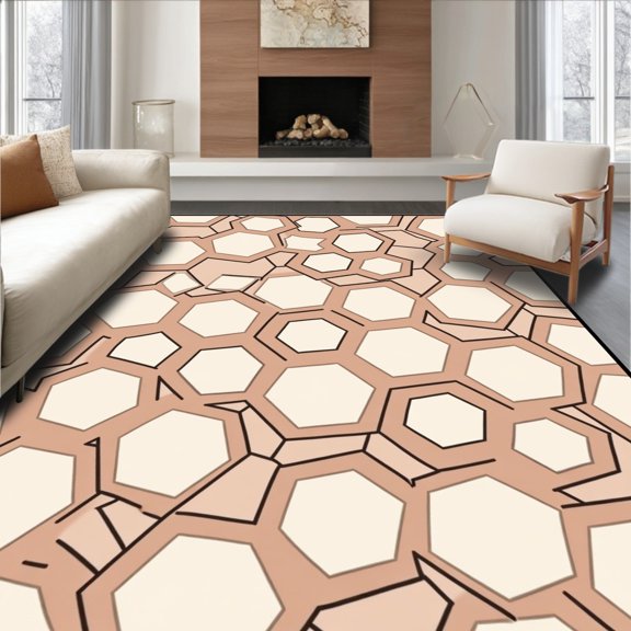 ODIKA 6x9 Machine Washable Non-Slip Area Rug, Contemporary Interlaced Hexagon Chain Arrangement High Traffic Rug, Beige, 417099