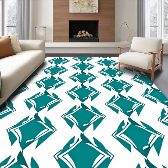 ODIKA 6'x9' Machine Washable Non-Slip Area Rug, Contemporary Motif with Symmetrical Interlocking Design High Traffic Rug with Pad, Teal, 358612