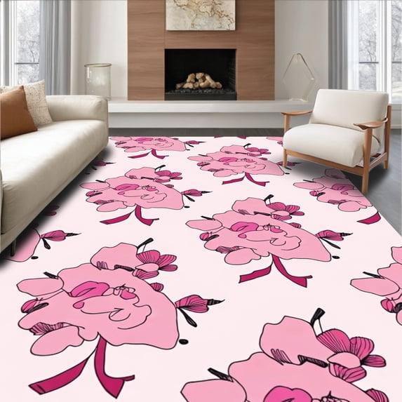 ODIKA 6'x9' Machine Washable Non-Slip Area Rug, Coquette Bow Tied Flower Arrangement with Ribbon Accents High Traffic Rug with Pad, Pink, 549893