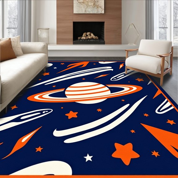 ODIKA 6x9 Machine Washable Non-Slip Area Rug, Cosmic with Interlocking Saturn Rings and Meteor Showers High Traffic Rug, Blue, 649316
