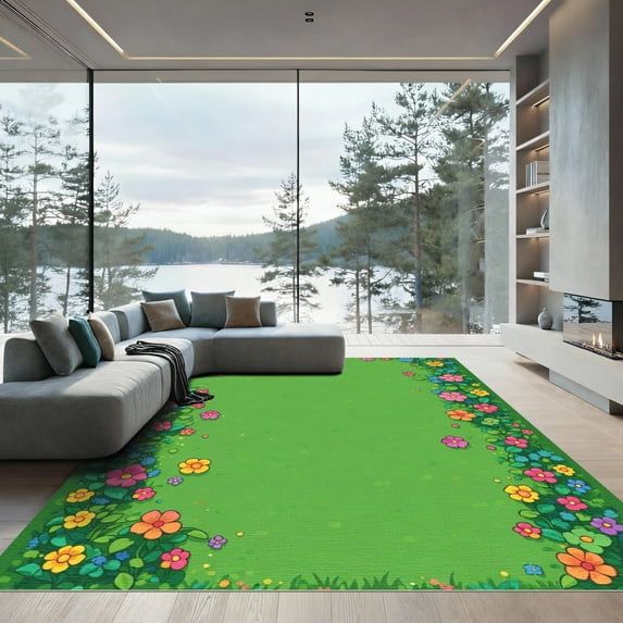 ODIKA 6'x9' Machine Washable Non-Slip Area Rug, Cottagecore Bright Green High Traffic Rug, Green, 1050621